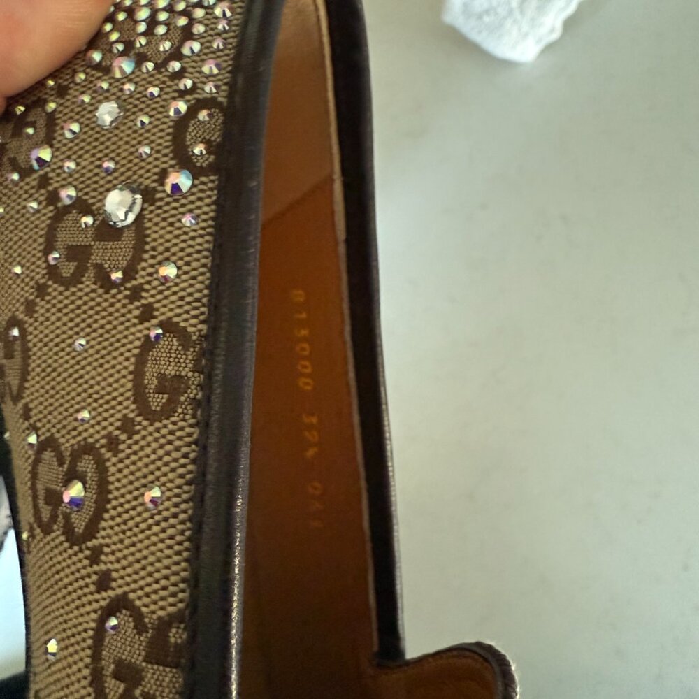 Gucci Beige GG Canvas Crystal-Embellished Horsebit Loafers - Picture 6 of 7